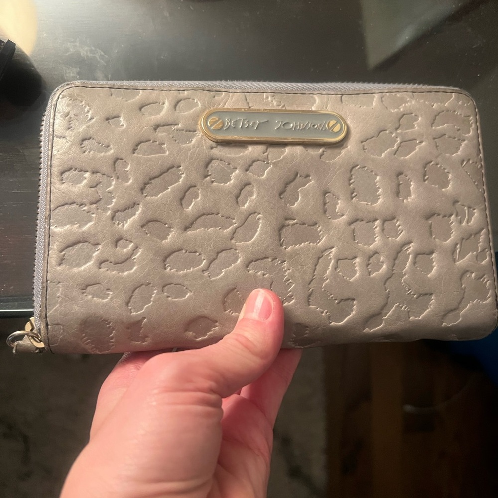 Beautiful grey leather Betsey Johnson zip around wallet with card slots